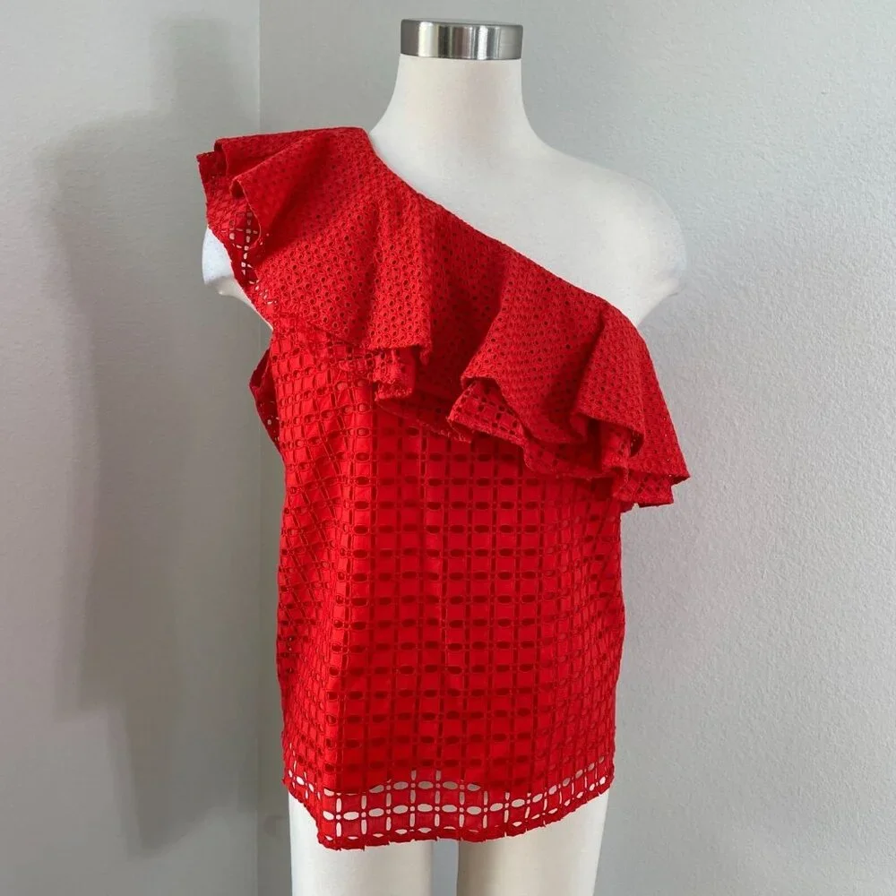 NEW J Crew‎ Womens 12 Red Eyelet One Shoulder Ruffle Top Shirt